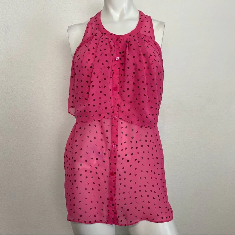 Princess Vera Wang Sheer Polka Dot Button Down Waterfall Tunic Top Size XL